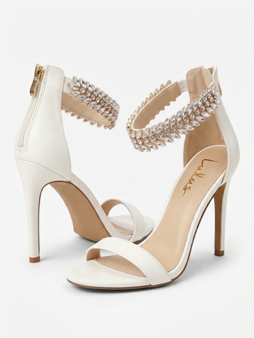 Lulus Melanie white crystal ankle strap heels size 9 bridal shoes